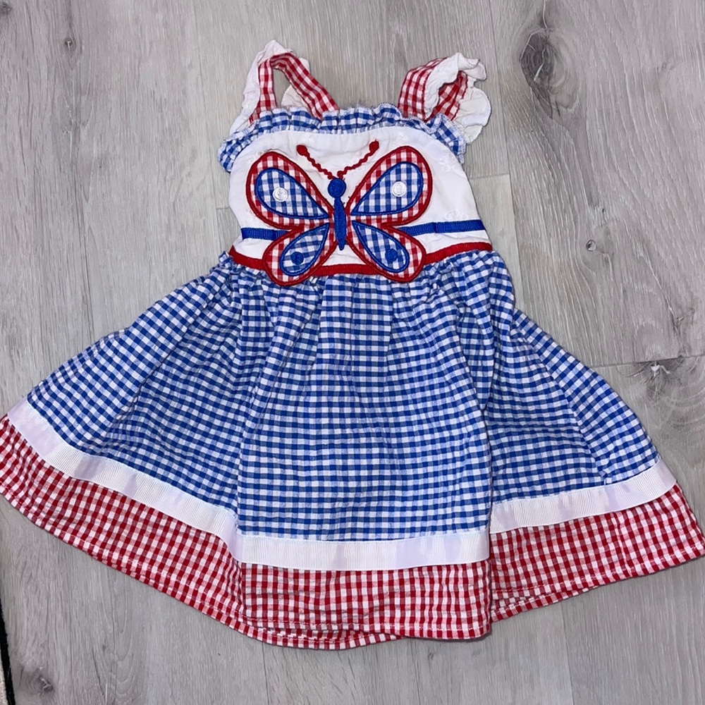 0-3 month red, blue, and white butterfly dress